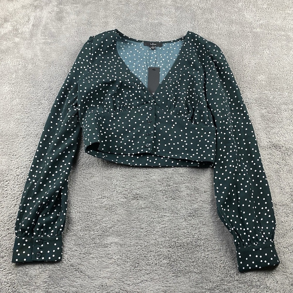 Lulus Long Sleeve Crop‎ Top Womens Small Dark Green Polka Dot